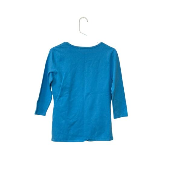 Boston Proper Blue/Yellow Floral Knit V-Neck Top Size Small 3/4 Sleeves Stretch - Picture 2 of 6